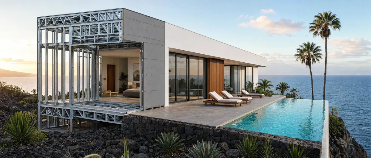 Vivienda de acero en Tenerife: mitad terminada, mitad con la estructura a la vista