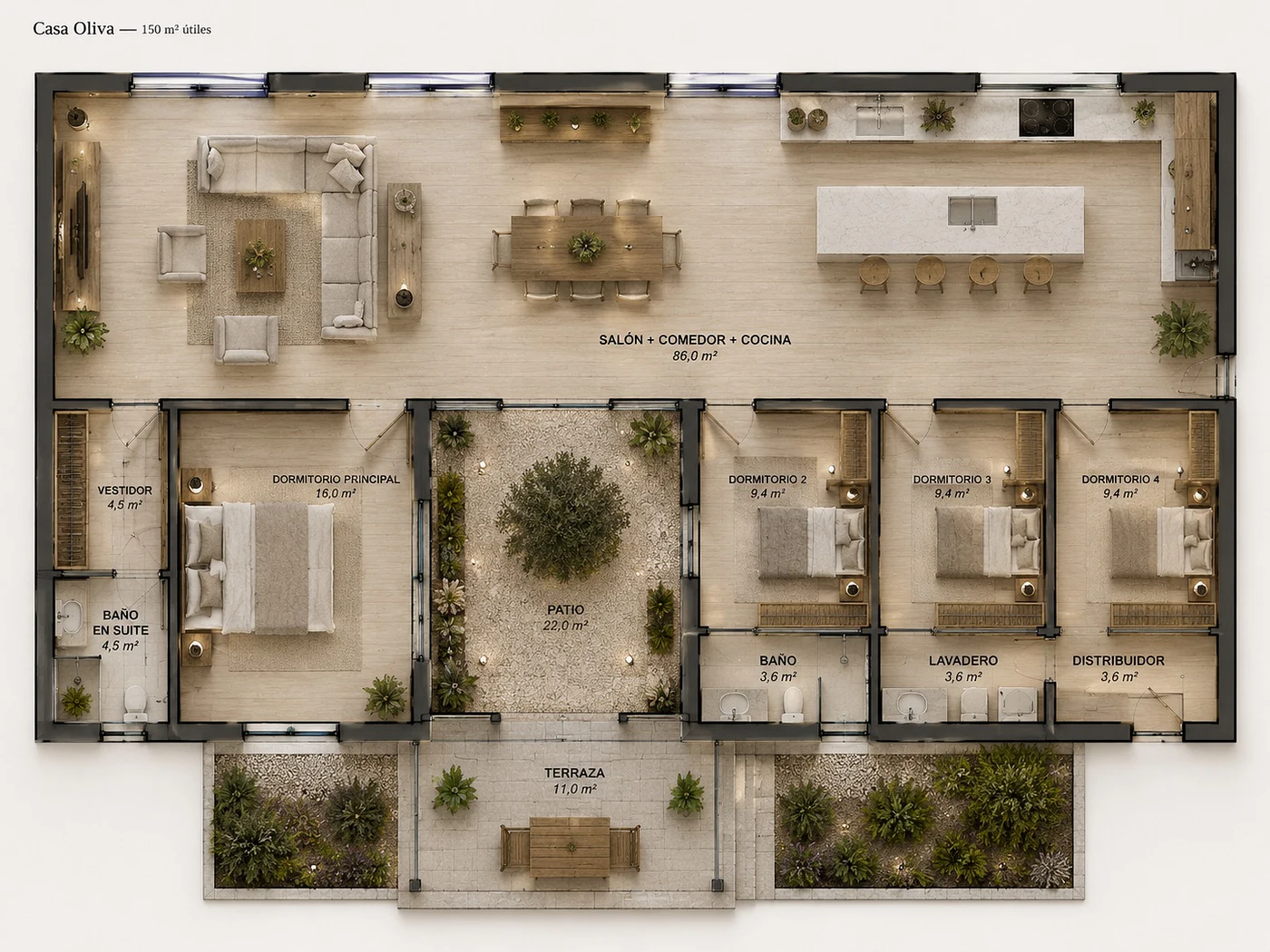 Casa Oliva, plano con superficies por estancia