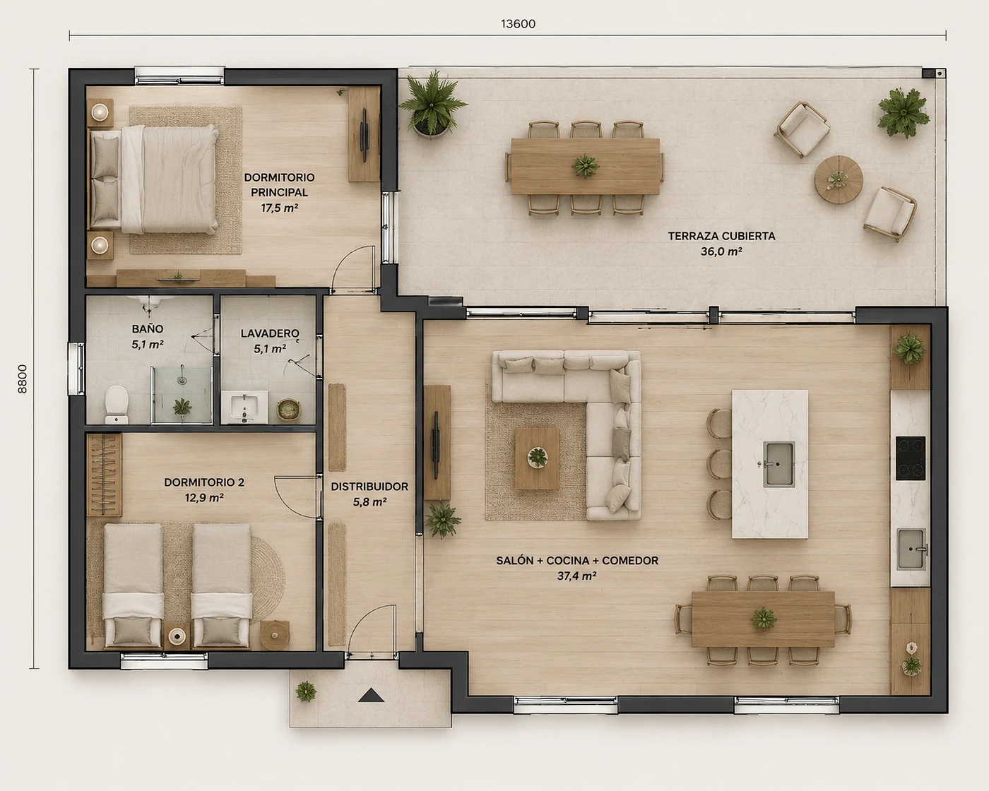Casa Sol, plano con superficies por estancia